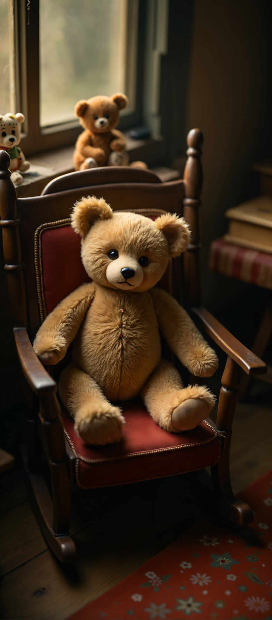 A brown teddy bear sitting in a red chair.