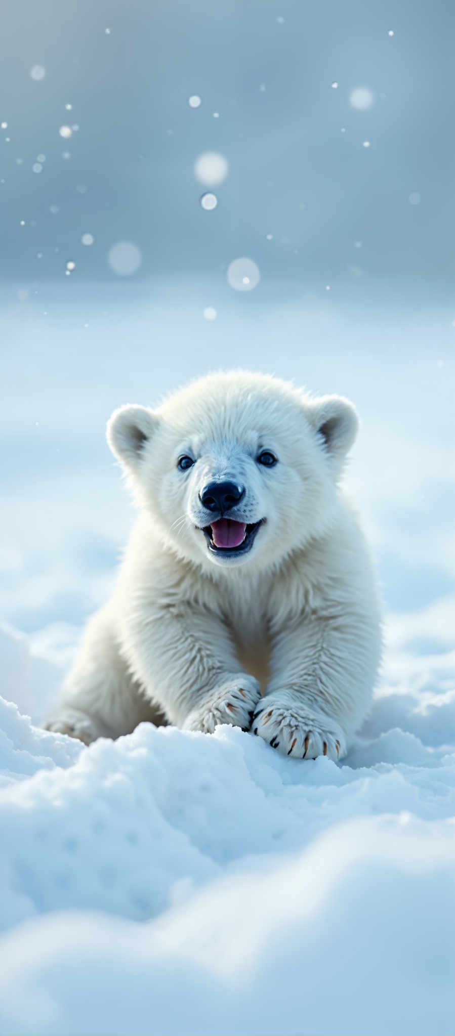 A white polar bear is sitting in the snow with its mouth open.