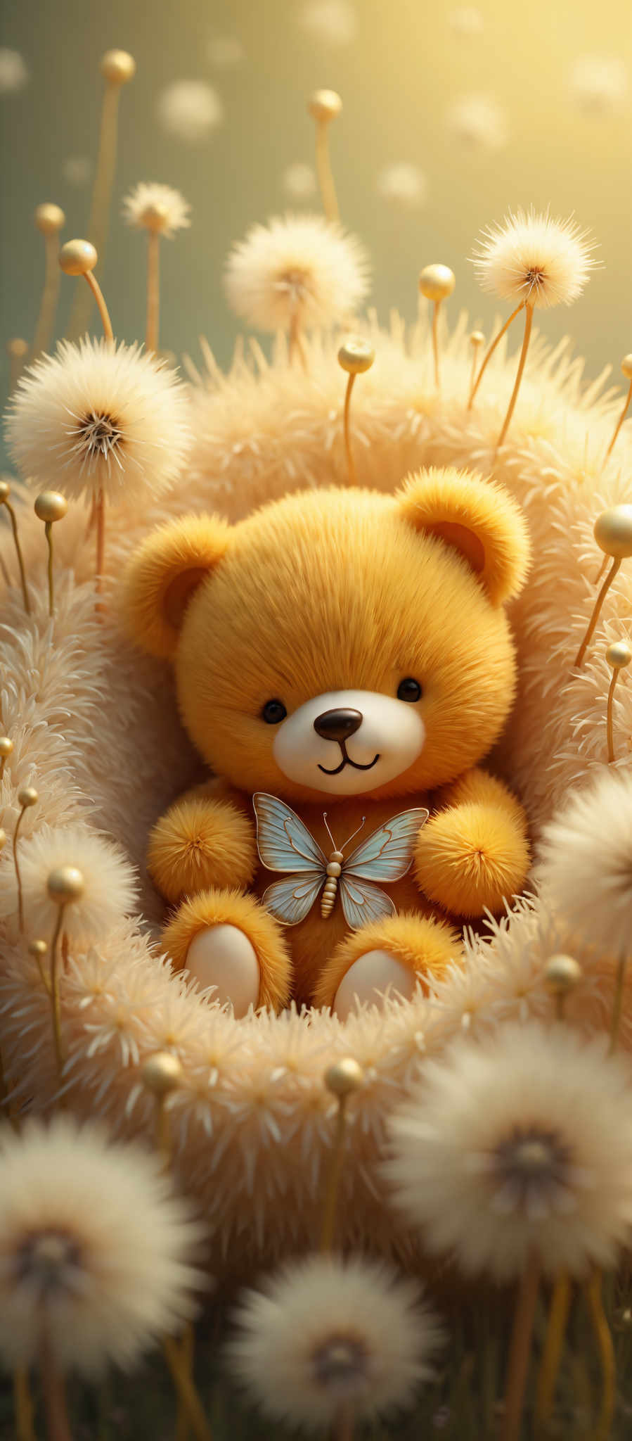 A yellow teddy bear with a butterfly on its chest.