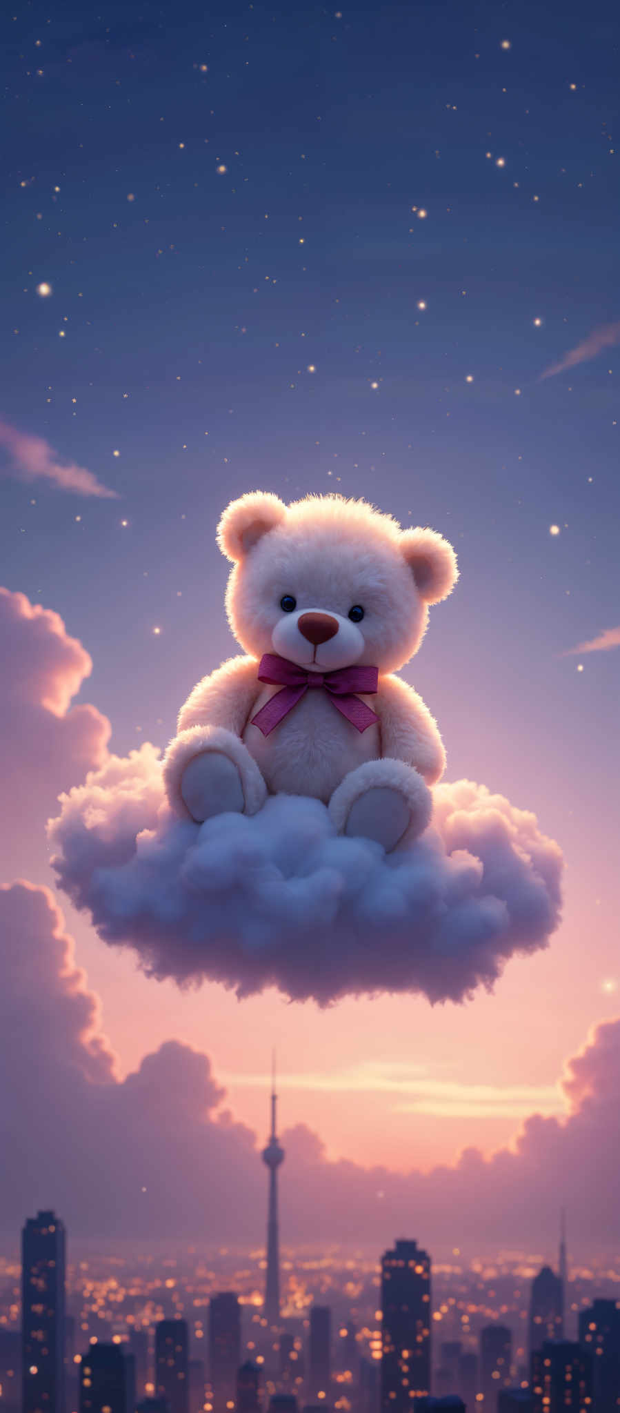 A white teddy bear with a pink bow around its neck is sitting on a fluffy white cloud. The bear is looking directly at the camera. The background is a beautiful gradient of pink and purple with white clouds scattered throughout. The teddy bears eyes are black and its nose is brown. The cloud appears soft and fluffy. The image is colorful and vibrant.