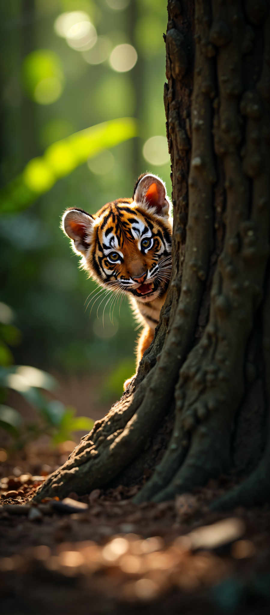 A young tiger with a white face and orange stripes is peeking out from behind a tree.