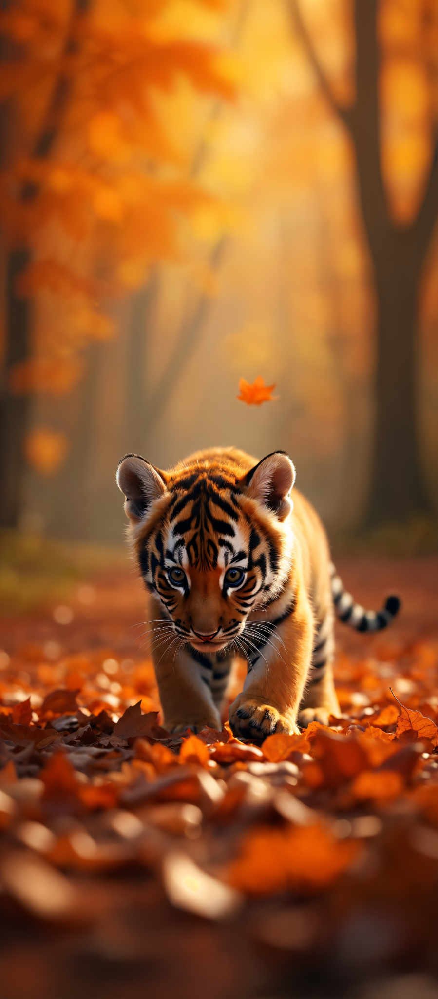 A young tiger is walking through a forest filled with orange leaves. The tiger is looking directly at the camera its eyes reflecting a sense of curiosity. The leaves on the ground are a vibrant orange indicating that it's autumn. In the background there are trees with orange and yellow leaves adding to the autumnal atmosphere. The sky is not visible in the image focusing all attention on the tiger and its surroundings. The image captures a moment of tranquility and beauty in nature.