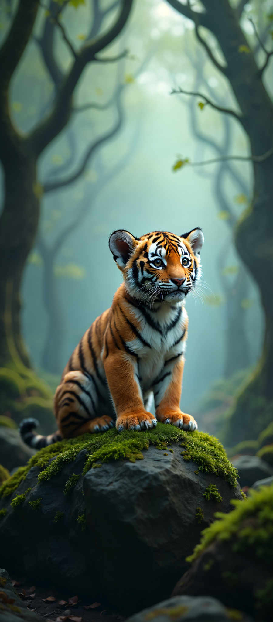 A young tiger with orange and black stripes is sitting on a mossy rock in a forest. The tiger is looking directly at the camera its eyes reflecting a sense of curiosity. The forest in the background is filled with trees and foliage creating a dense and lush environment. The moss on the rock adds a touch of green to the scene blending in with the surrounding forest. This image captures the beauty and majesty of the tiger in its natural habitat.