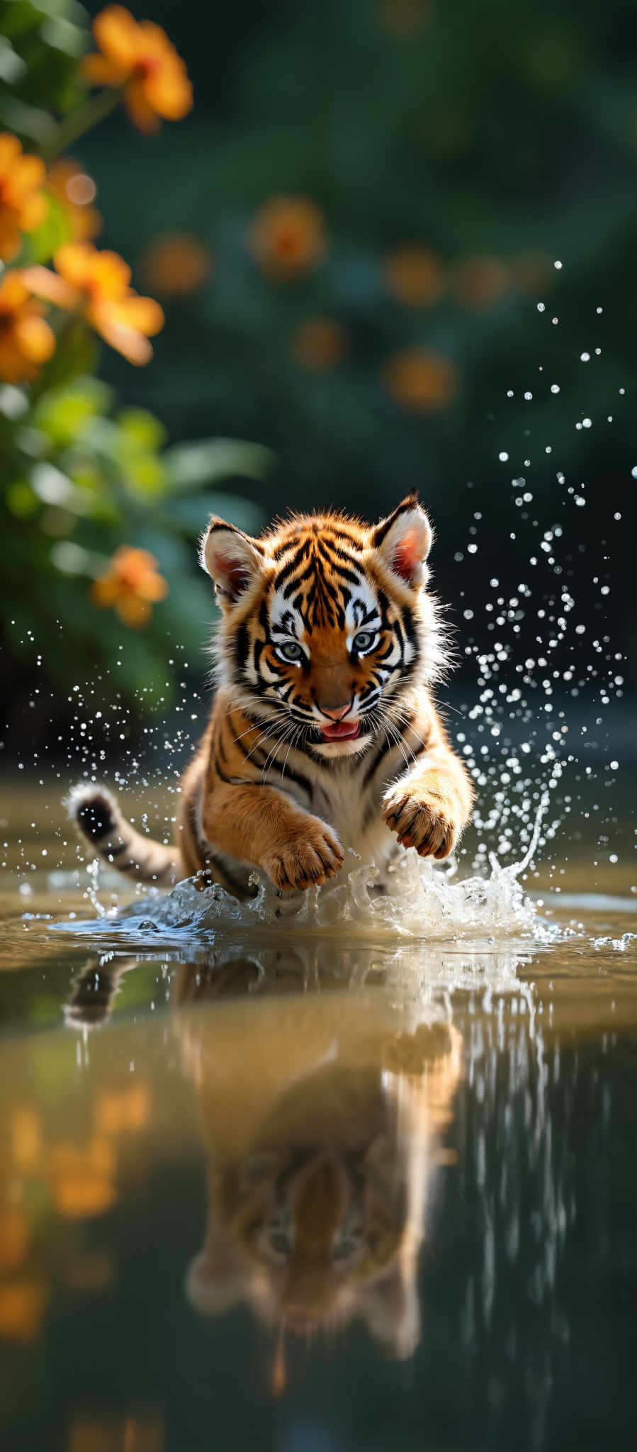 A young tiger cub is captured in the midst of a playful splash in a body of water. The tiger with its vibrant orange and black stripes is the main focus of the photo. Its eyes a striking shade of blue are wide open and it appears to be smiling adding a sense of joy and playfulness to the scene. The water disturbed by the tiger's playful antics is splashing around it creating a dynamic and lively atmosphere. The background is blurred drawing attention to the tiger and its actions. The image captures a moment of pure unadulterated joy and the raw beauty of nature.