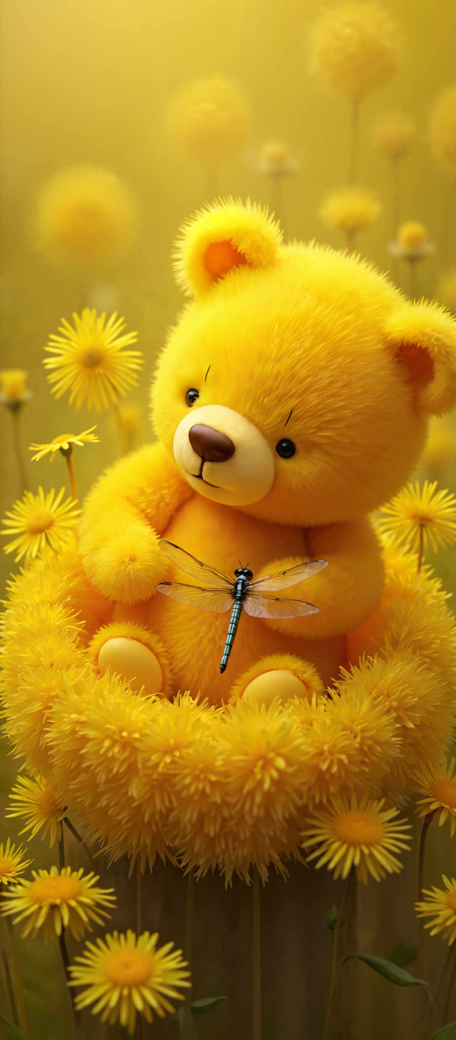 A yellow teddy bear with a butterfly on its chest.