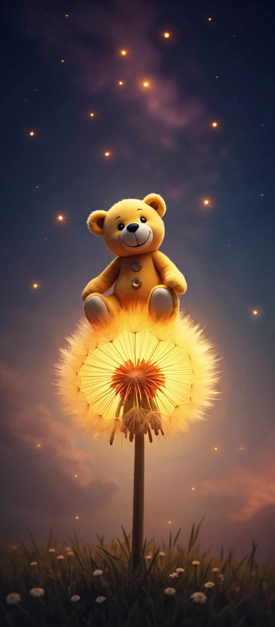 A yellow teddy bear is sitting on a large glowing dandelion. The teddy is wearing a buttoned shirt and has a black nose. The dandelions are glowing with a warm orange light. The background is a dark blue sky with stars.