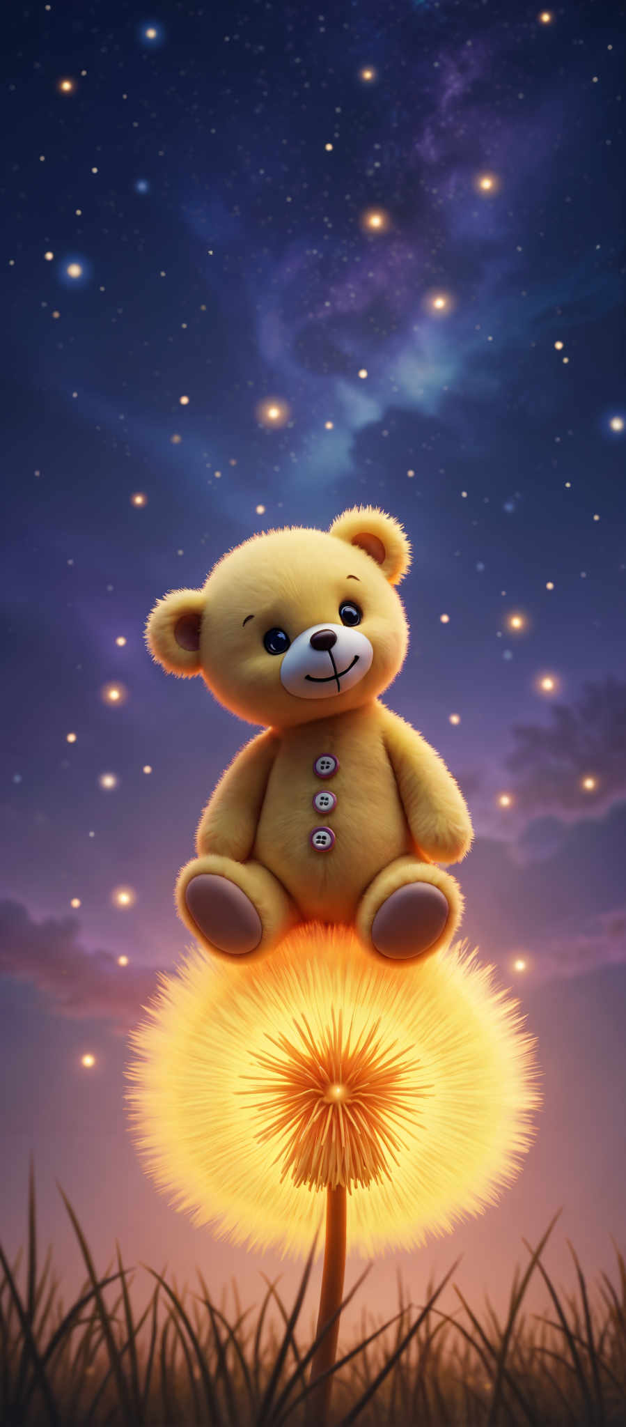 A yellow teddy bear with a black nose and eyes is sitting on a yellow ball. The teddy bears arms are spread out and it is smiling. The background is a dark blue sky with stars.