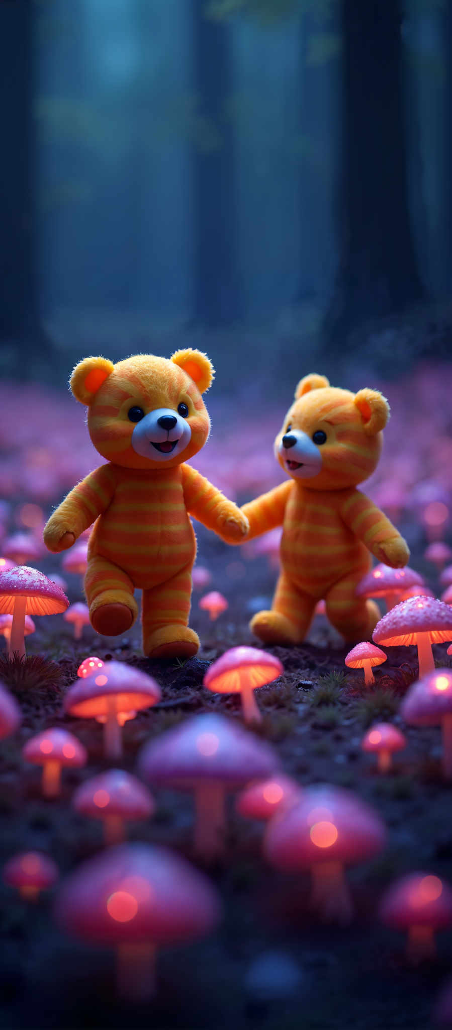 Two teddy bears are walking through a field of mushrooms.