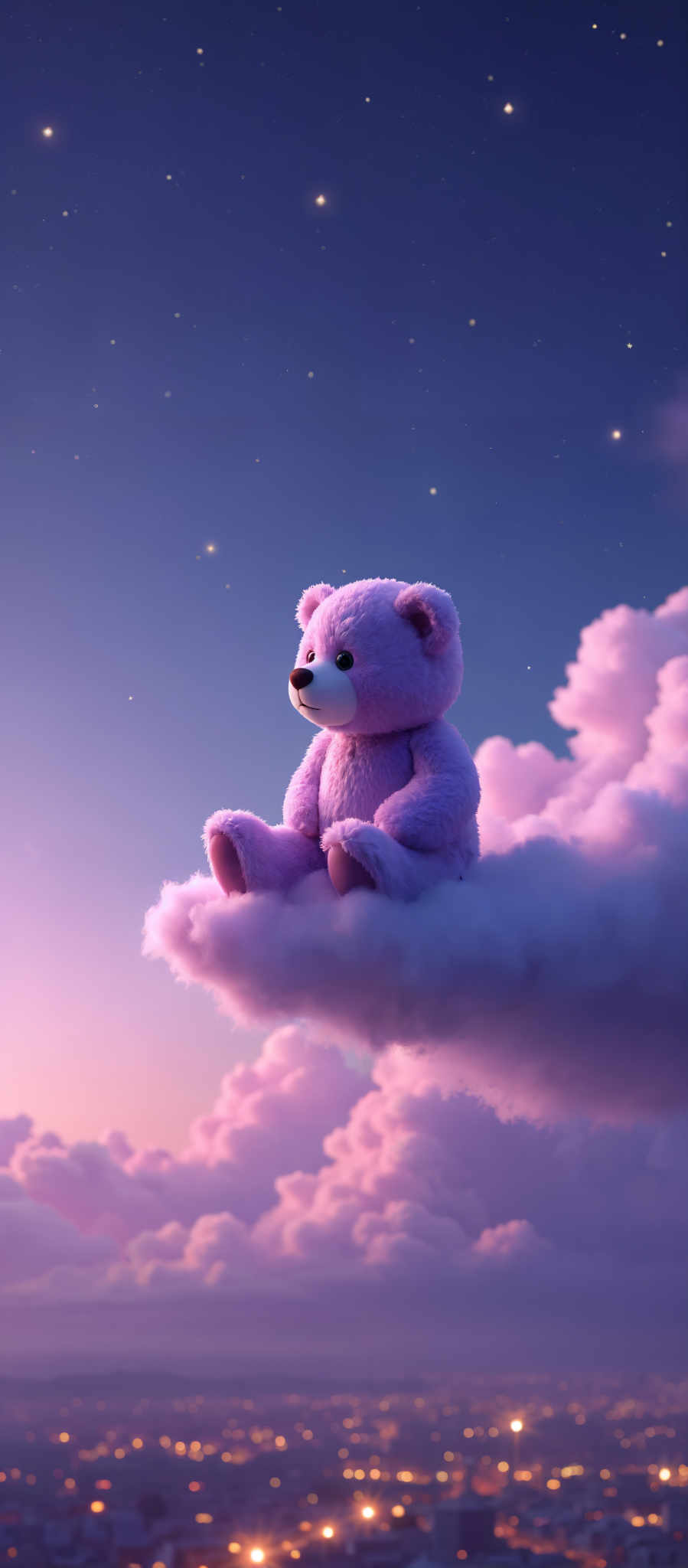 A purple teddy bear is sitting on a fluffy cloud.