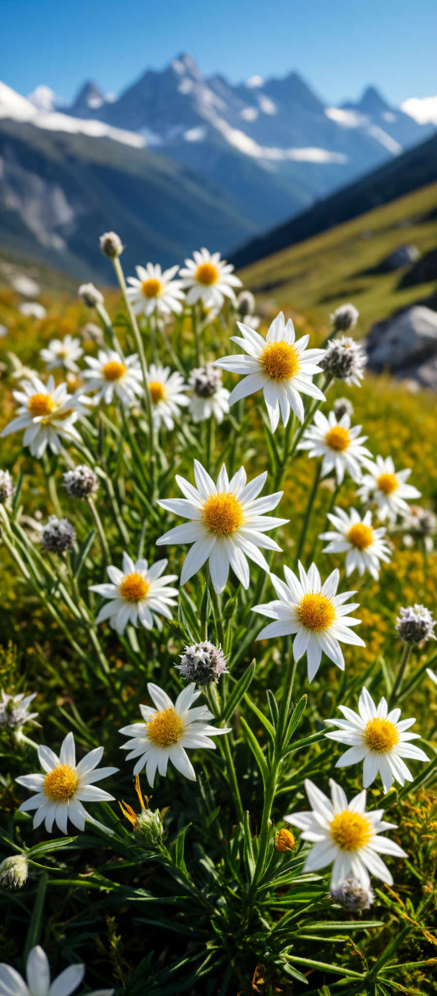 A field of daisies with yellow centers and white petals.