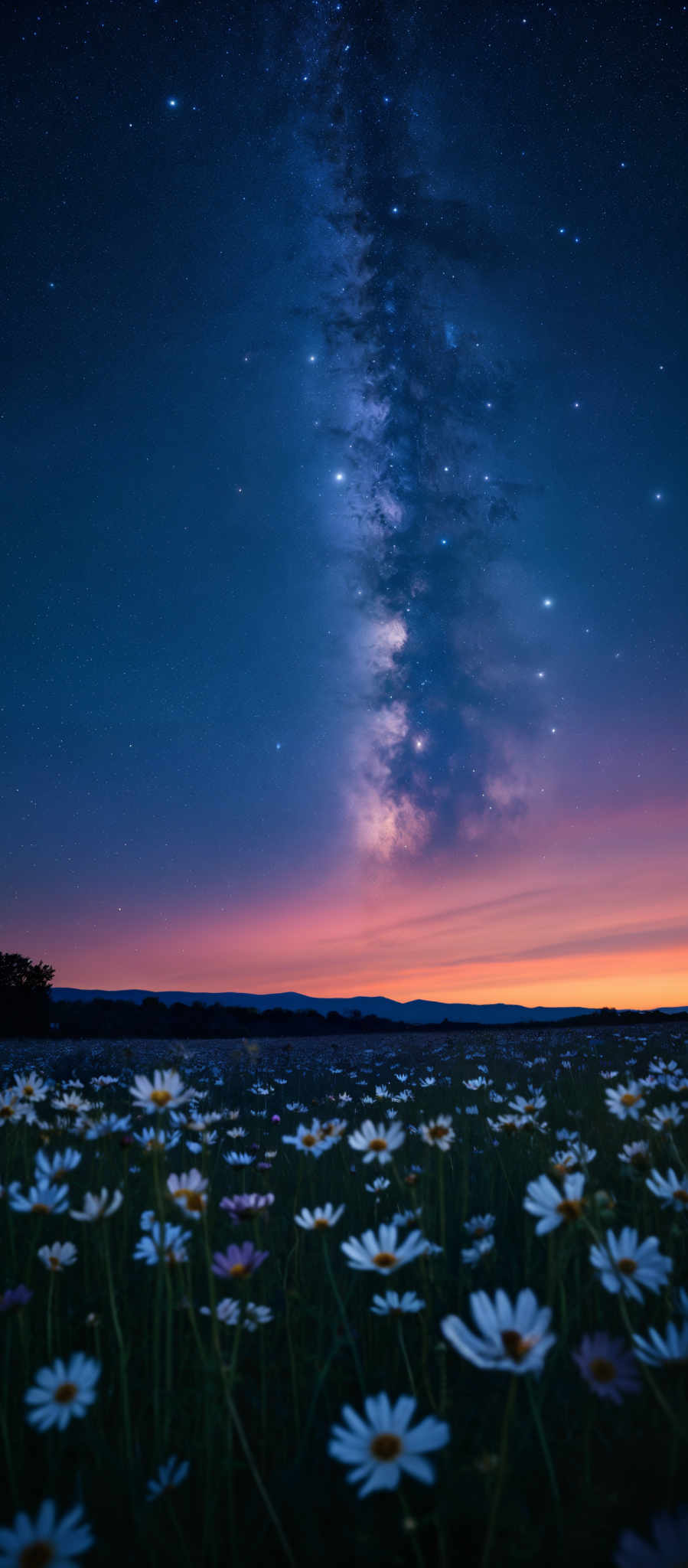 A field of flowers under a starry sky.