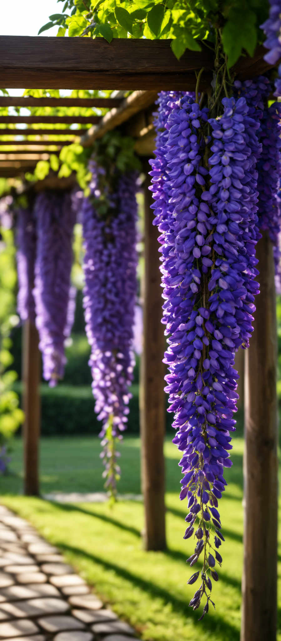 A cluster of purple flowers hanging from a wooden pole.