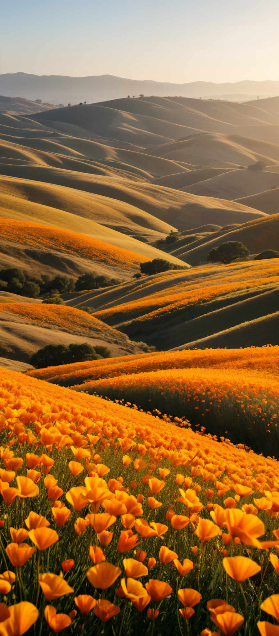 A field of bright orange flowers in a valley.