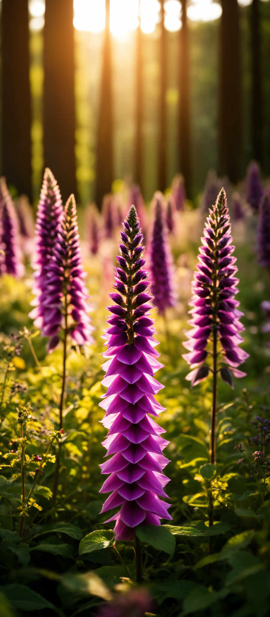 The image shows a group of purple flowers with yellow centers.