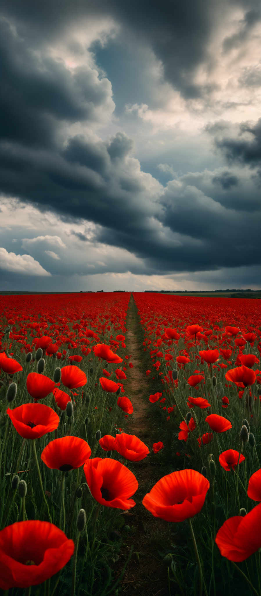 A field of red poppies under a cloudy sky.