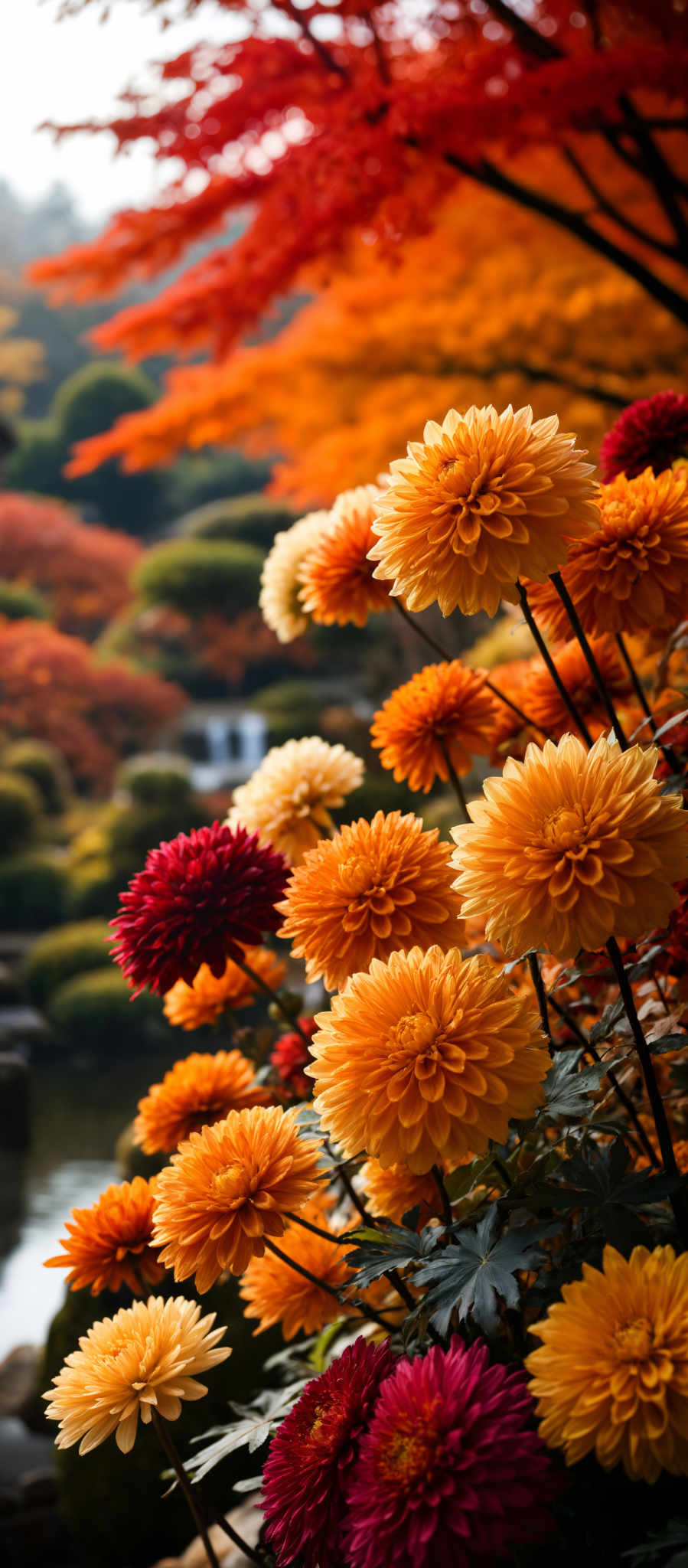 A vibrant display of orange and red flowers in a garden.