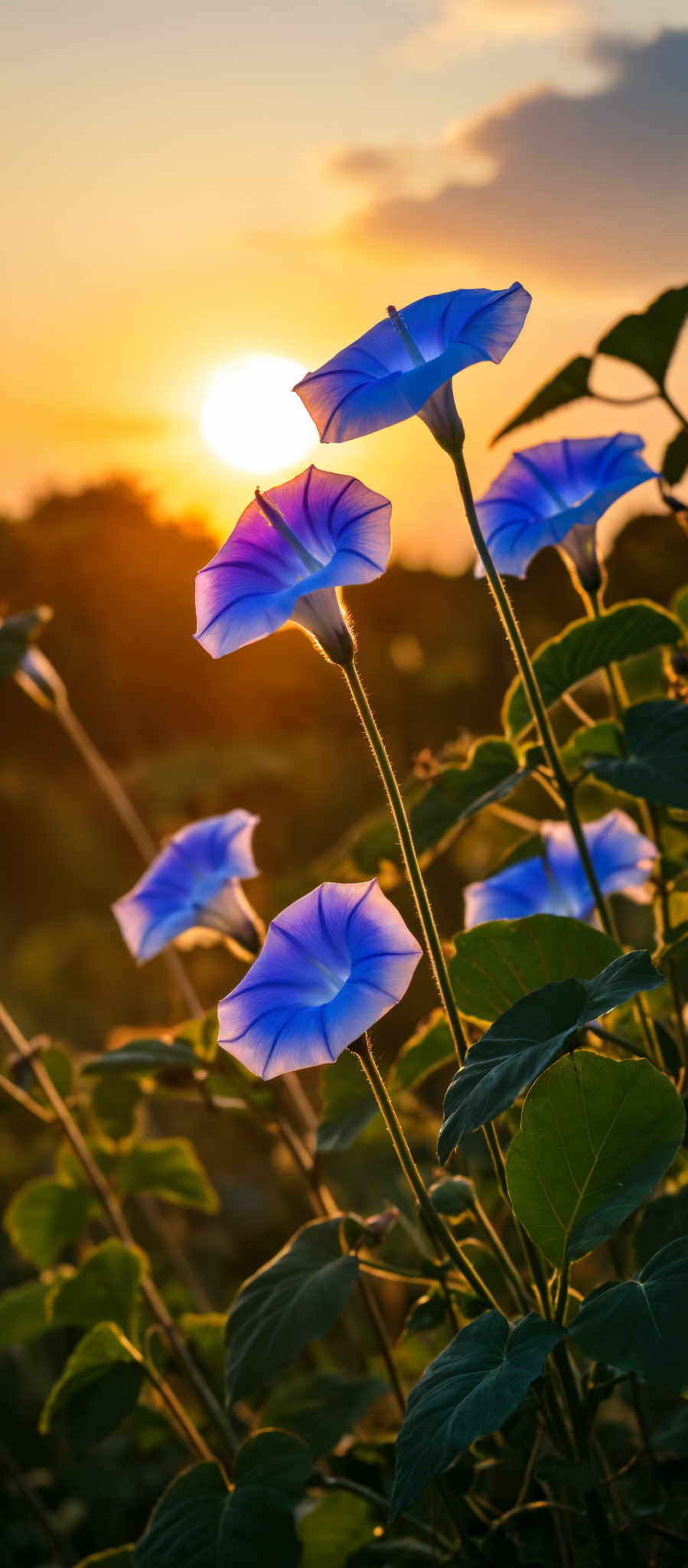 The image captures a serene scene of nature. It features a group of **purple flowers** with **blue centers**. These flowers are in full bloom adding a vibrant splash of color to the scene. They are surrounded by **green leaves** which provide a nice contrast to the purple of the flowers. The flowers are located in the **foreground** of the photo drawing the viewer's attention immediately. In the **background** there is a **sunrise** with the sun just peeking over the horizon casting a warm golden light over the entire scene. The photo appears to have been taken from a low angle looking up at the flowers which adds a sense of grandeur to the image and emphasizes the beauty of the scene.

The image does not contain any text or human-made objects making it a pure representation of nature's beauty. The relative positions of the objects are such that the flowers are the main focus with the sunrise serving as a stunning backdrop. The image does an excellent job of capturing the tranquility and beauty of a sunrise in nature.