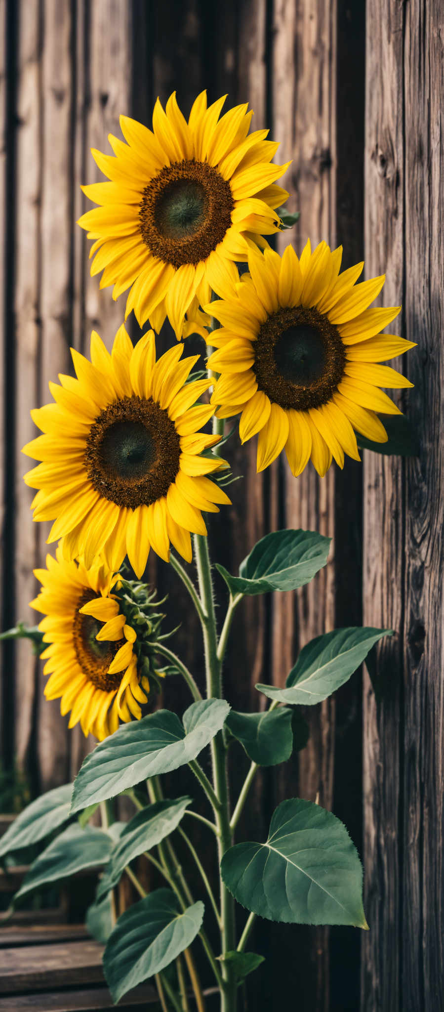 A group of yellow sunflowers with brown centers.