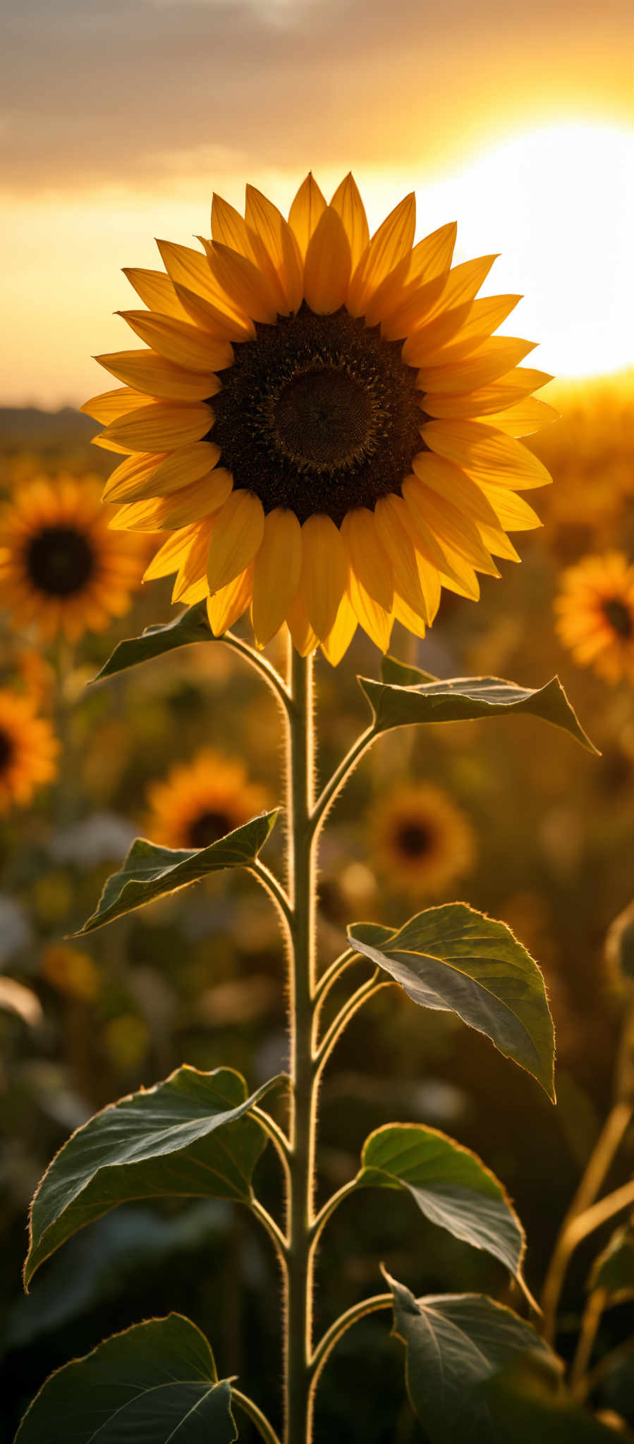 A large sunflower with a black center and yellow petals.