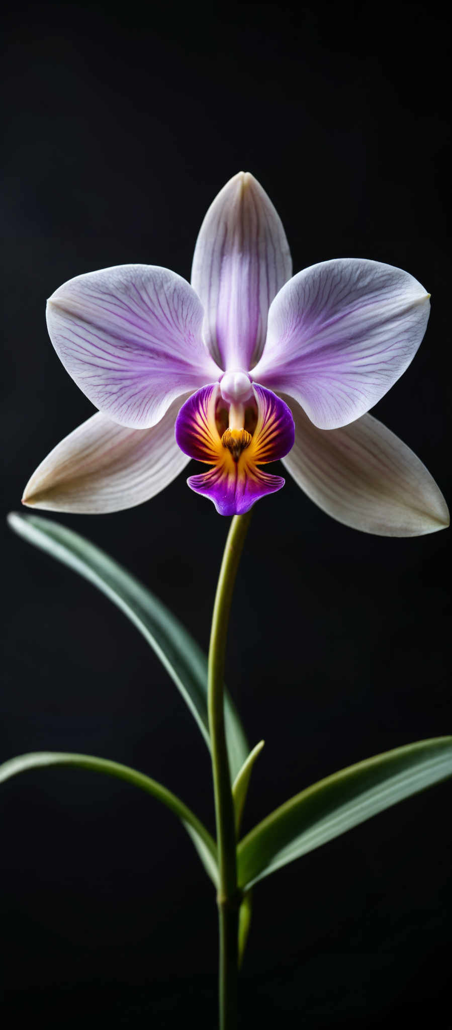 A close up of a purple and white orchid flower.