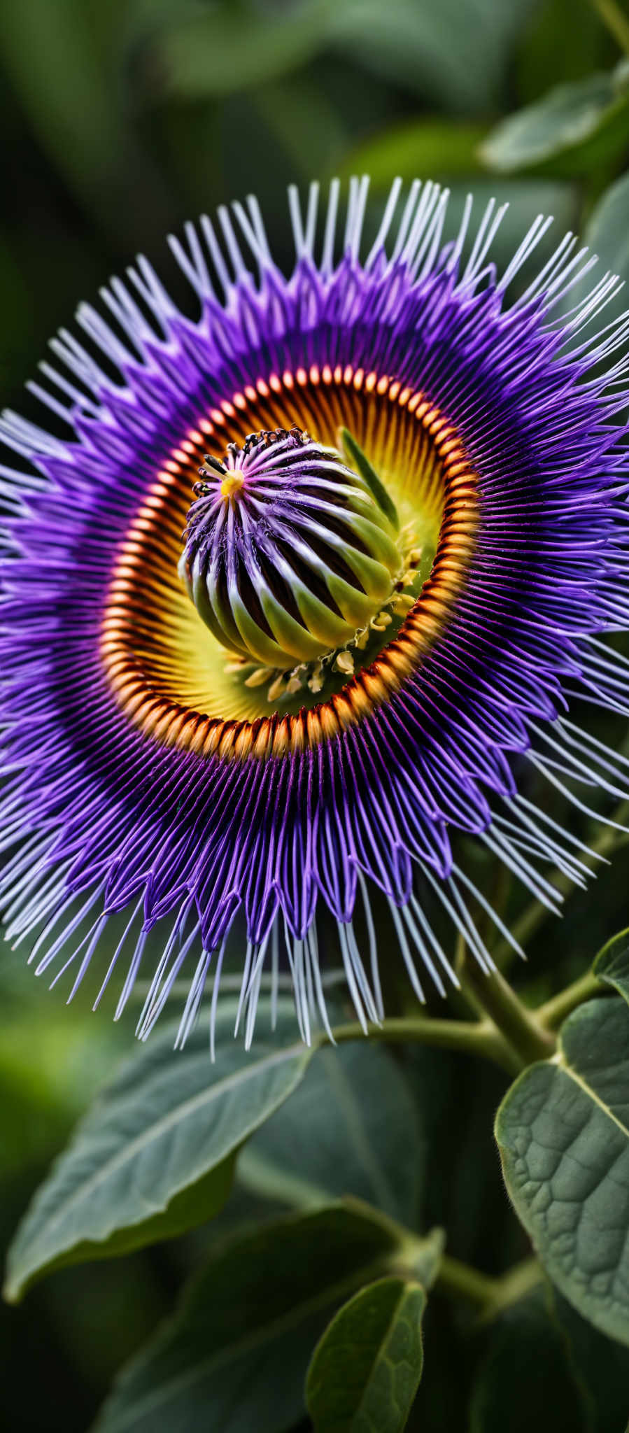 A purple flower with yellow and orange stripes.