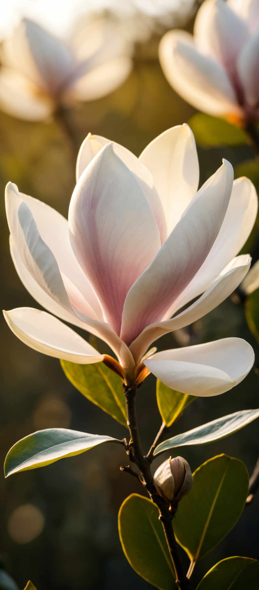 A close up of a white flower with pink tips.