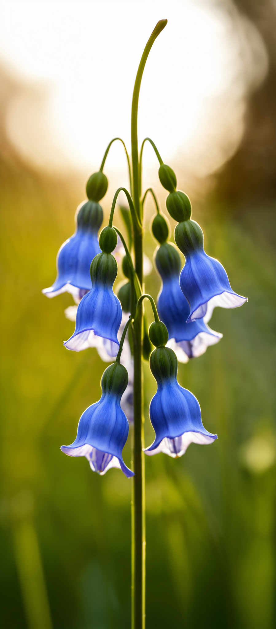 The image shows a cluster of blue flowers with green stems.