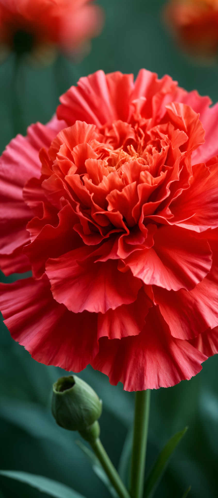 A close up of a red flower with many petals.