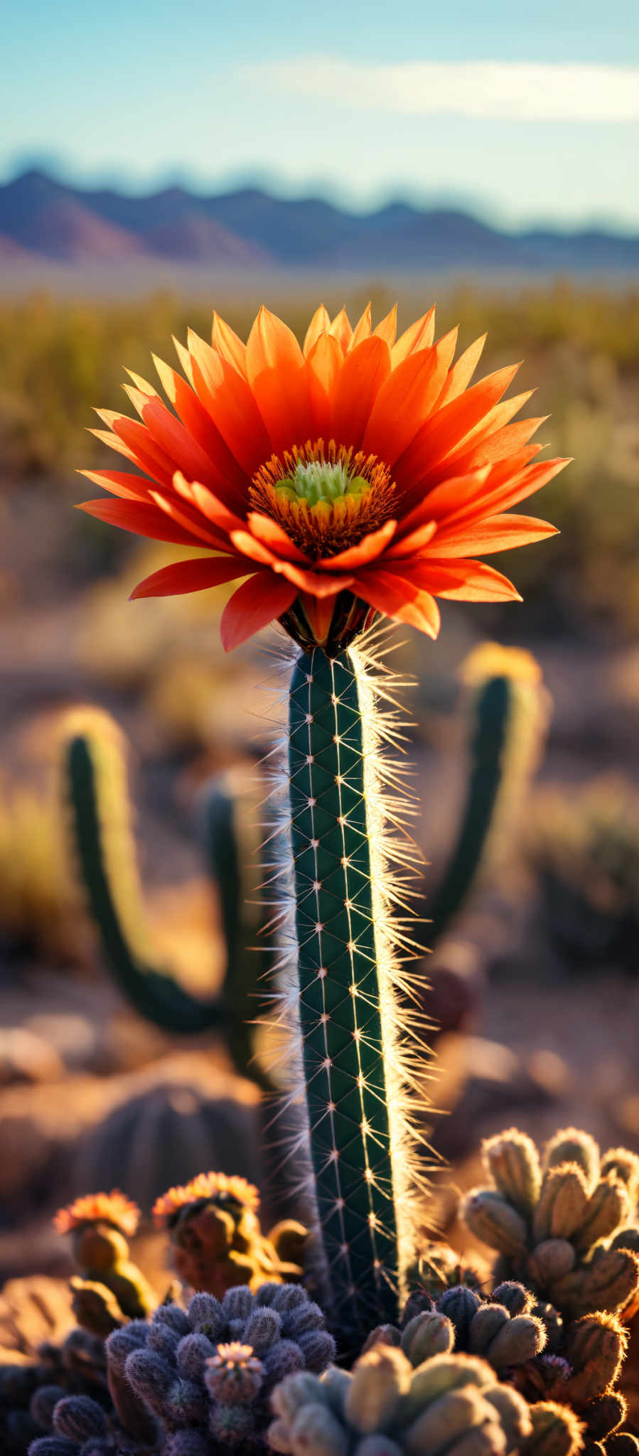 A vibrant red flower with a yellow center is the focal point of this image. It's surrounded by a group of green cacti their spiky silhouettes adding a touch of contrast to the scene. The cactis are scattered around the flower creating a sense of depth and dimension. The background is a blurred landscape suggesting a natural setting possibly a garden or a desert. The colors in the image are predominantly red orange and green creating an eye-catching and lively visual experience.