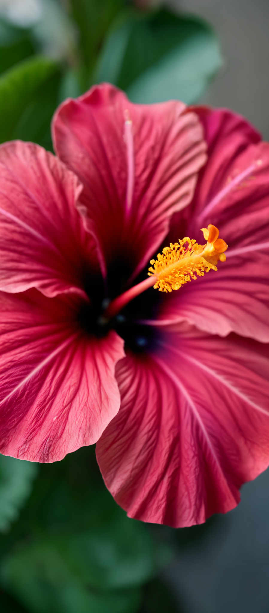 A close up of a red hibiscus flower with a yellow stamen.