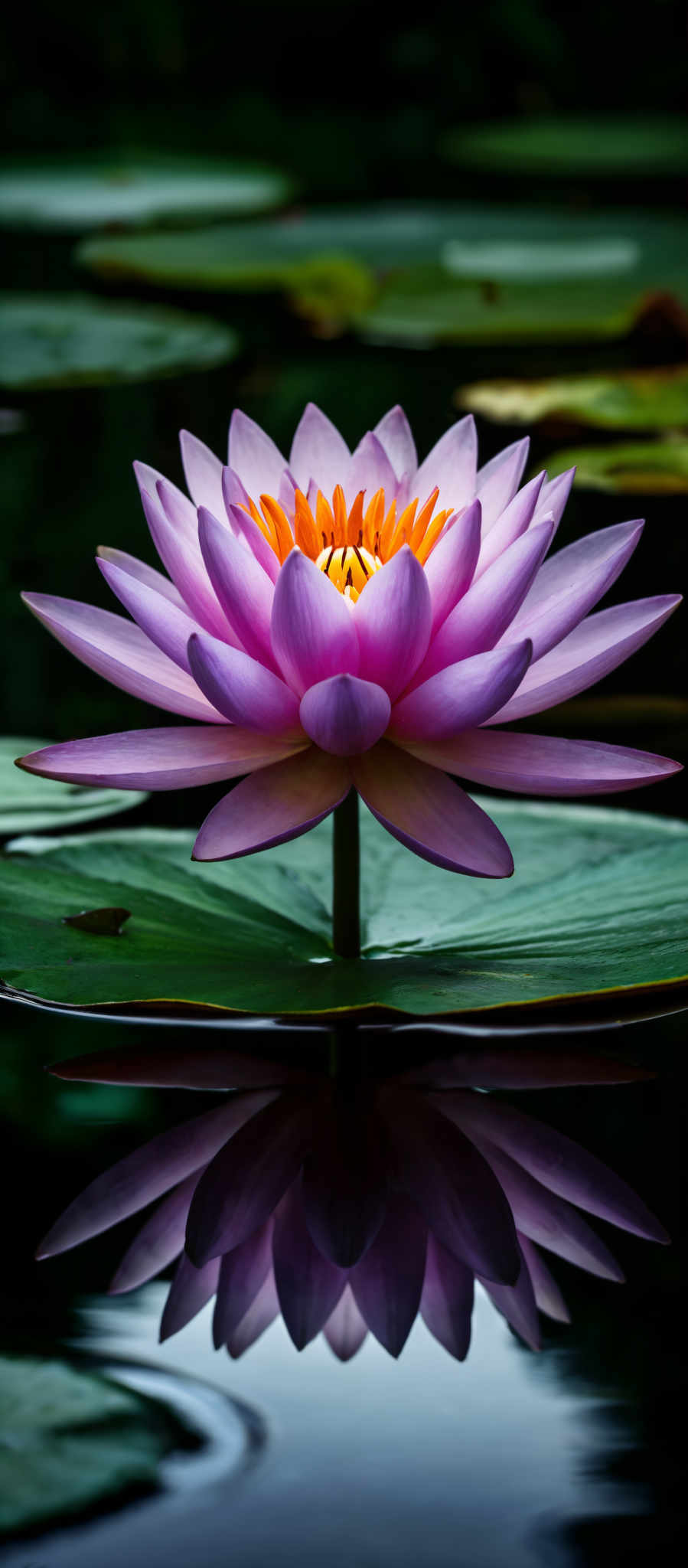 A beautiful purple and orange flower with a yellow center.