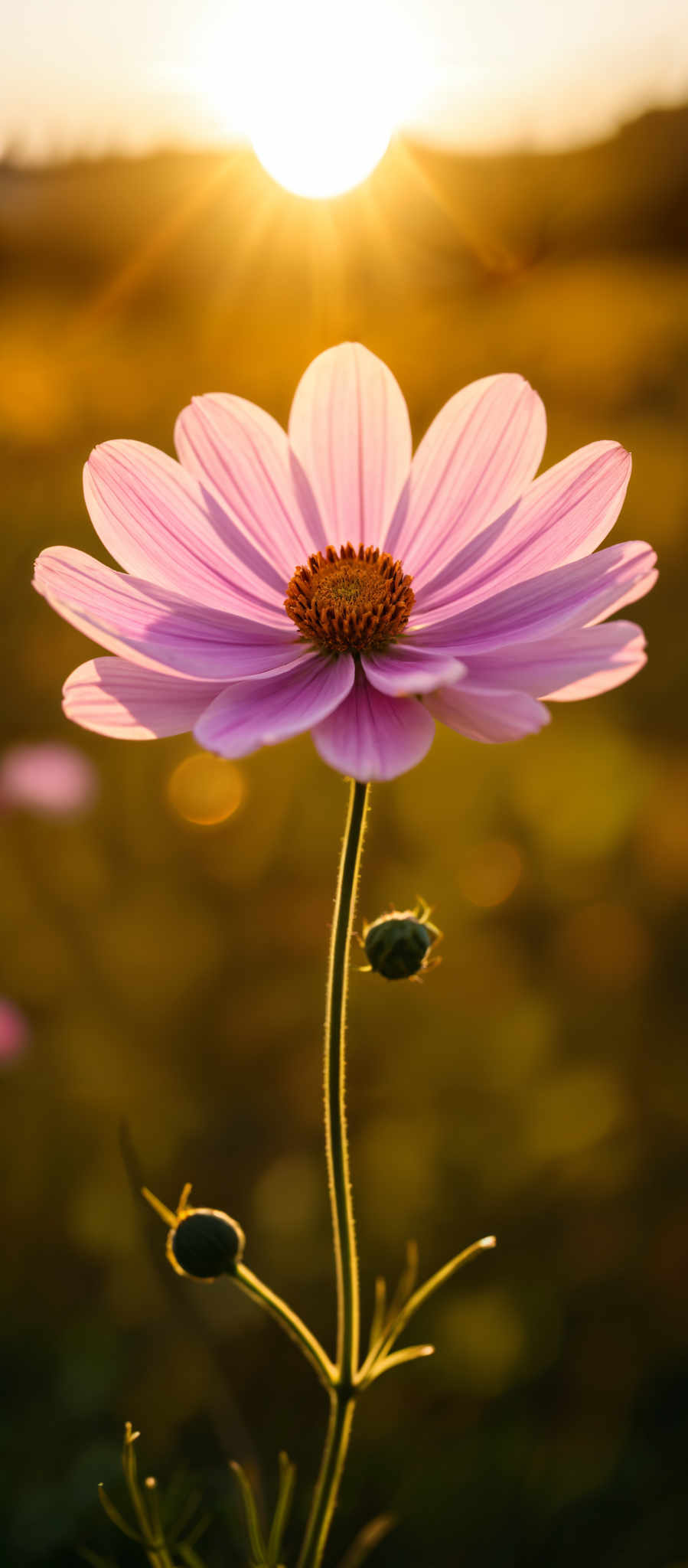 A beautiful pink flower with a brown center and a green bug on its stem.