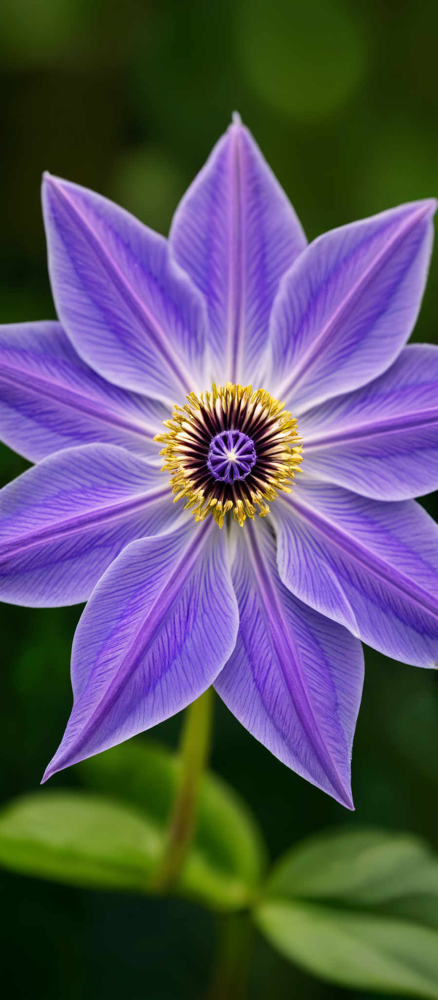 A close up of a purple flower with a yellow center.