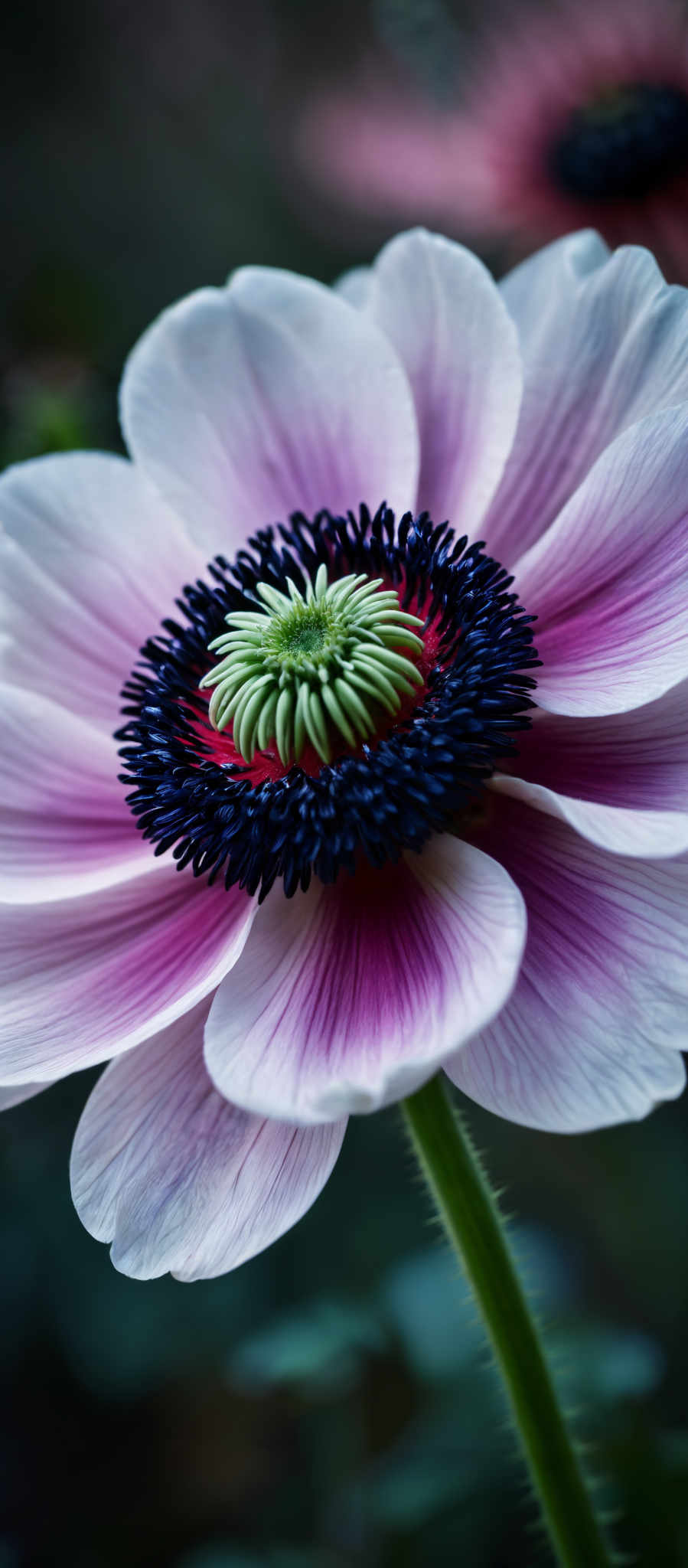 A close up of a flower with a green center surrounded by blue petals.