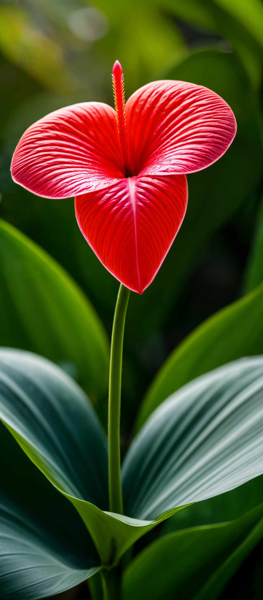 A close up of a red flower with a long green stem.