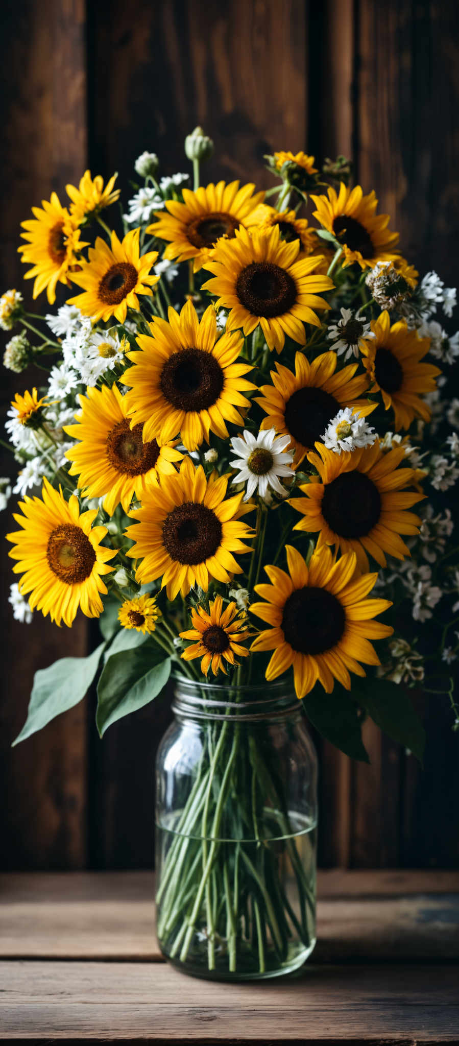 A bouquet of sunflowers in a glass jar.