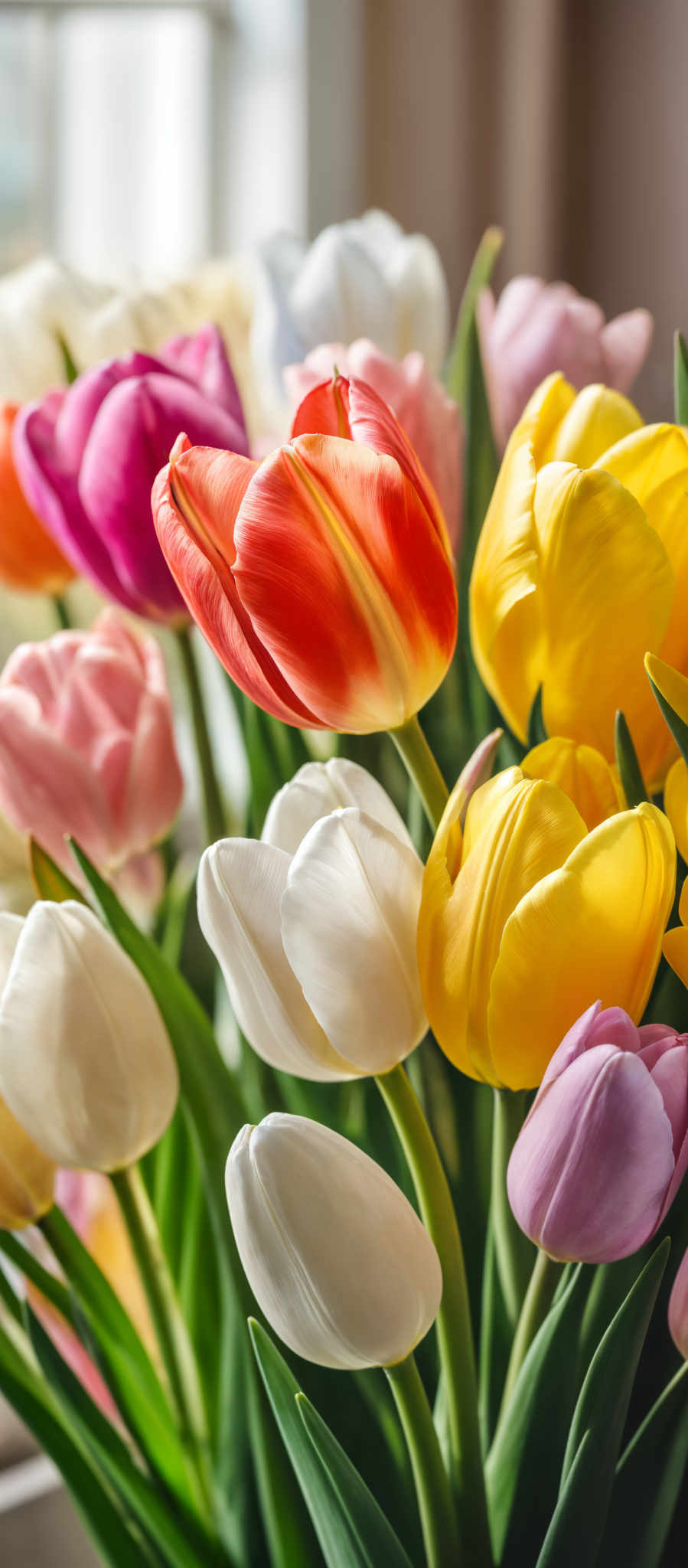 A vibrant bouquet of tulips in various colors including pink red yellow and purple.