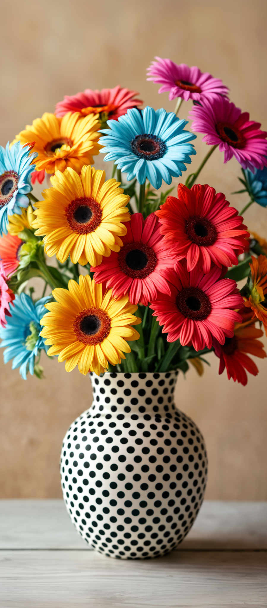 A bouquet of flowers in a black and white vase. The flowers are yellow red and blue.