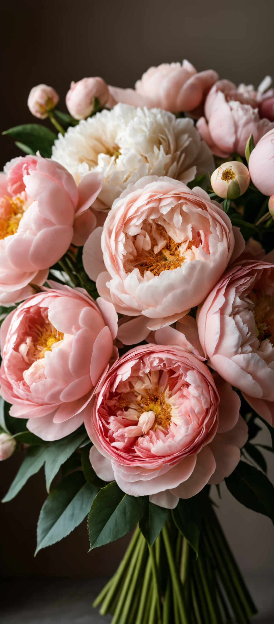 A bouquet of pink peonies with yellow centers.