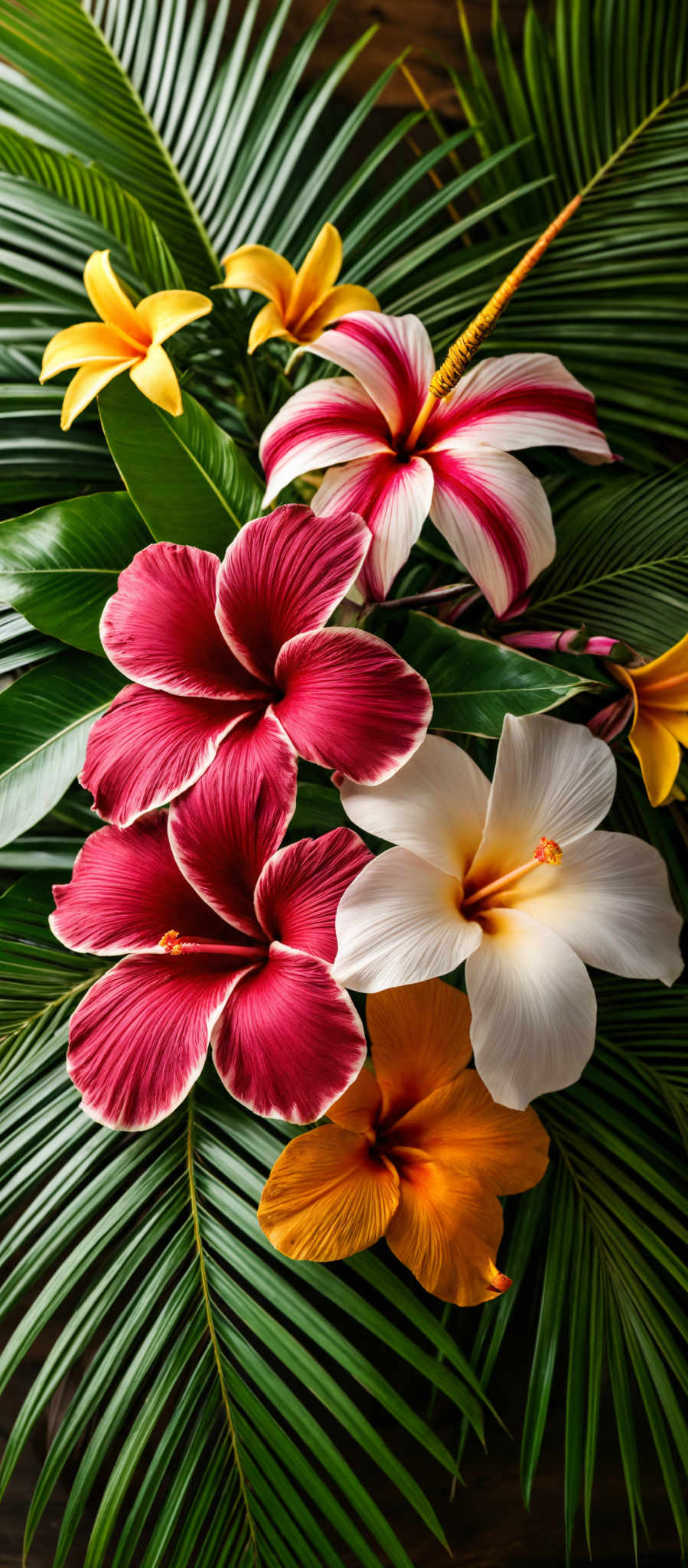 A vibrant display of hibiscus flowers in various colors including red pink white and yellow. The flowers are arranged in a close-up view showcasing their intricate details and the surrounding green leaves.