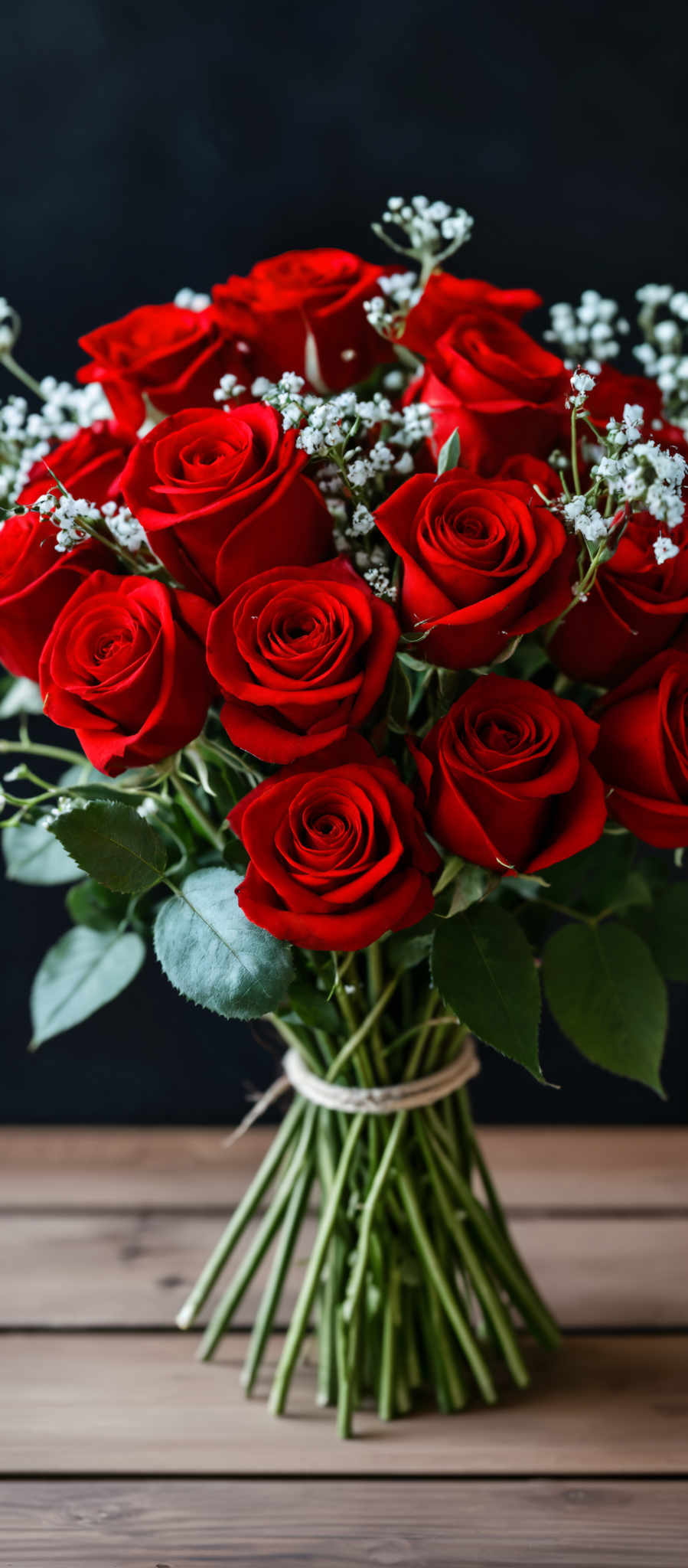 A bouquet of red roses with green leaves.