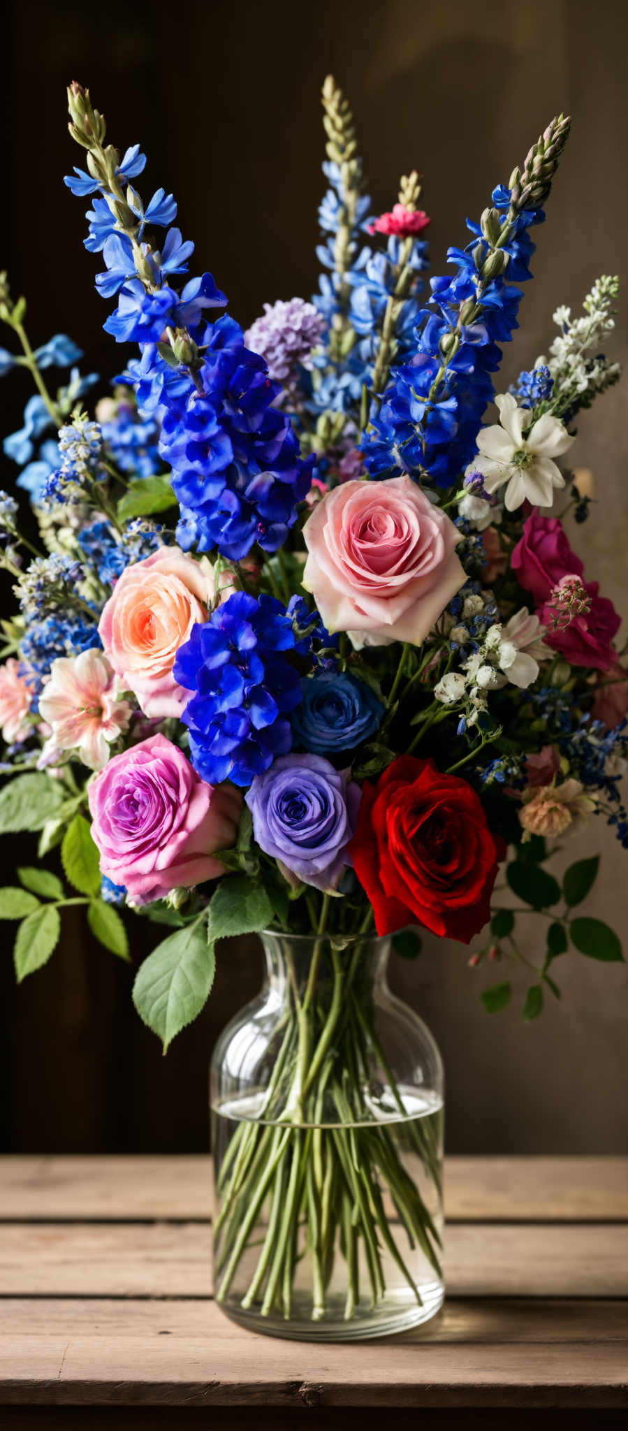 A beautiful bouquet of roses in various colors including blue pink red and white.