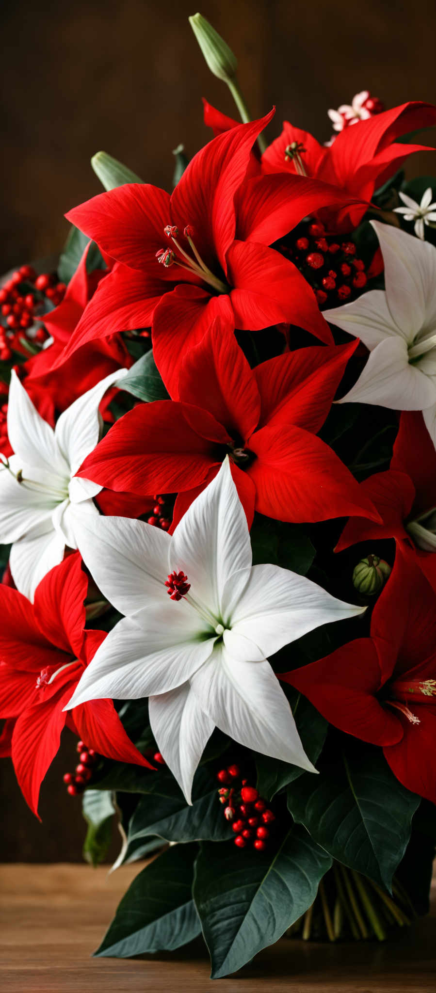 A vibrant bouquet of red and white flowers.