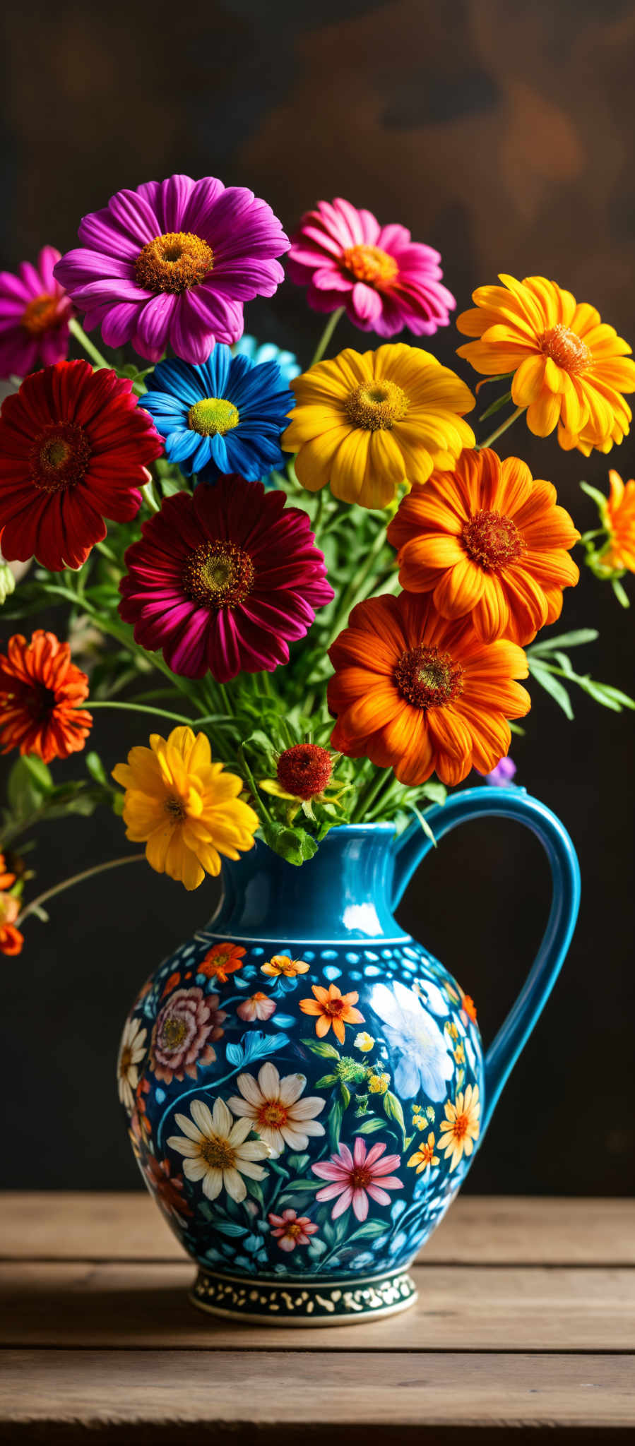 A vibrant bouquet of flowers in a blue vase. The flowers are a mix of red orange yellow and blue. The vase is adorned with a floral pattern.