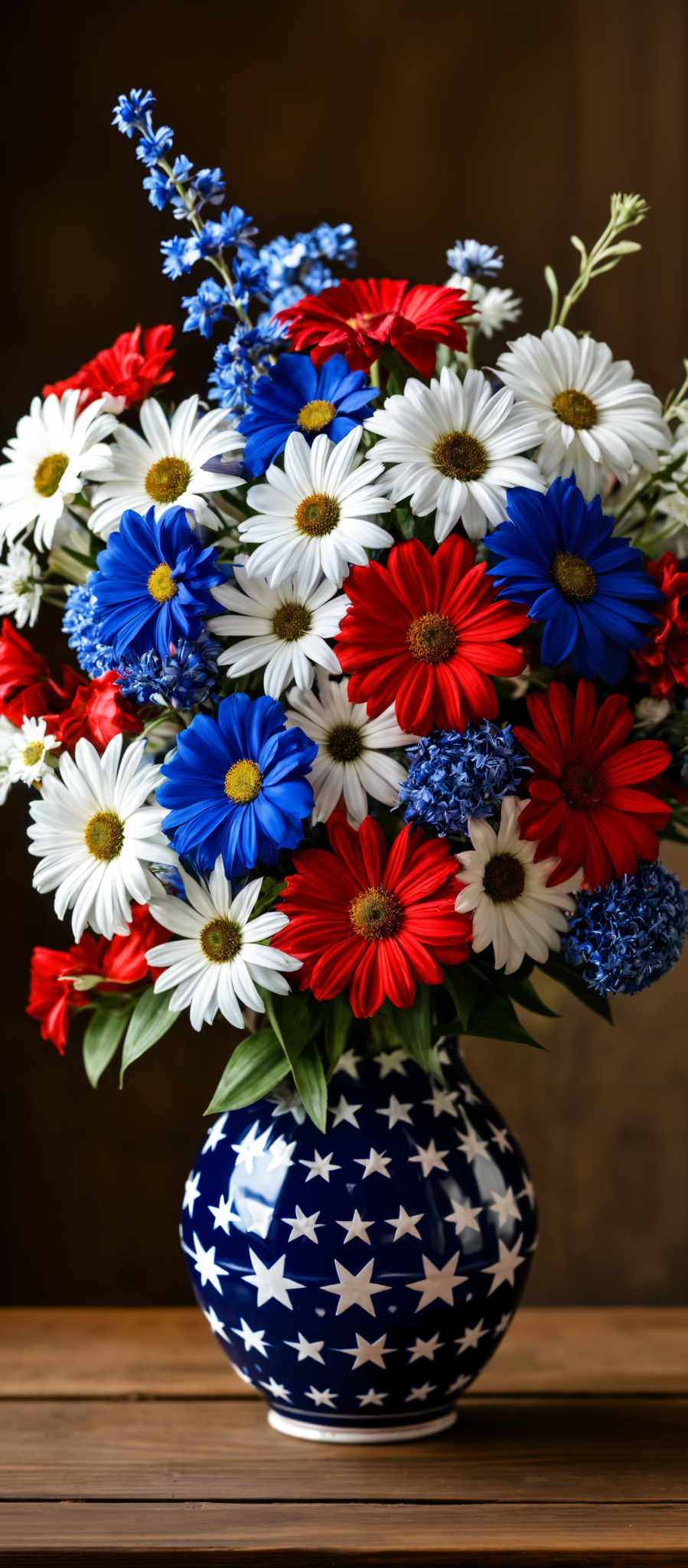 A bouquet of flowers with red white and blue colors.