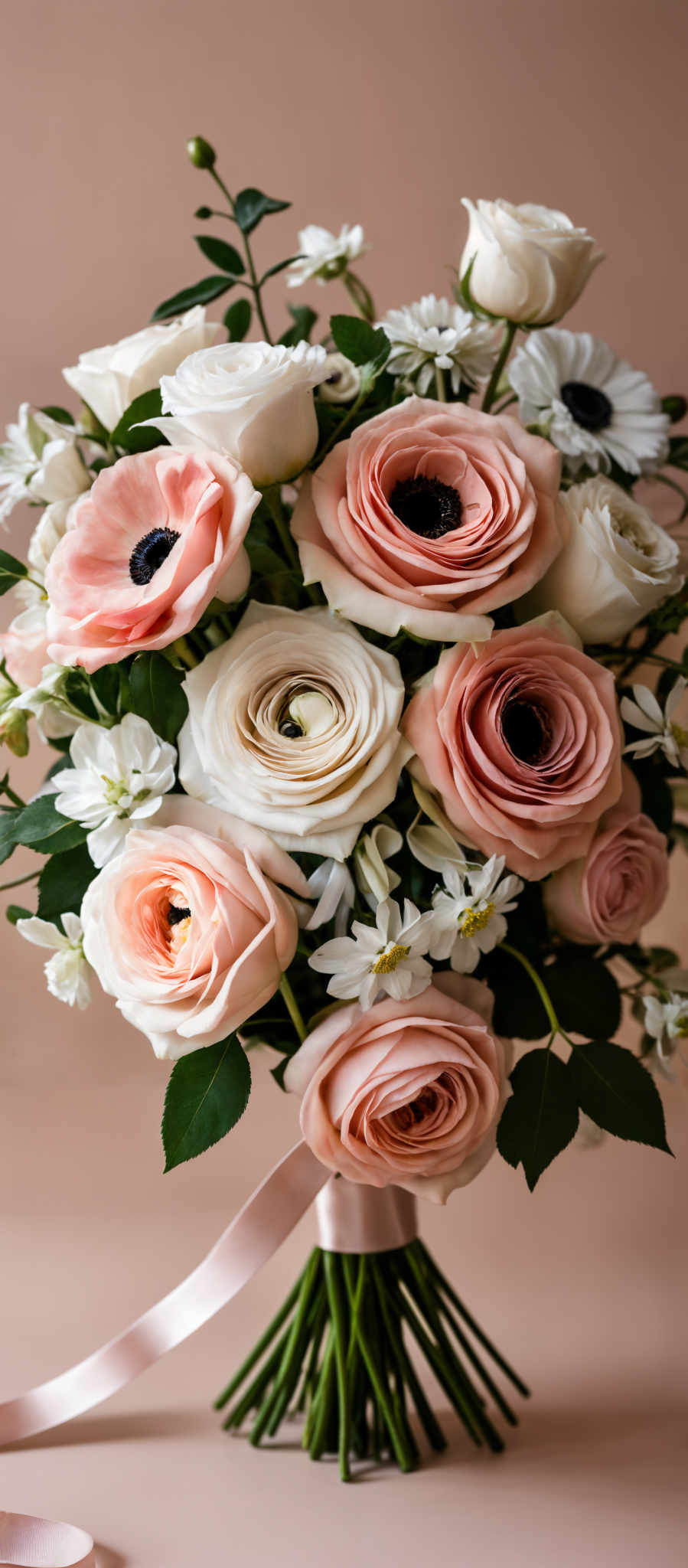 A bouquet of roses in various shades of pink and white.