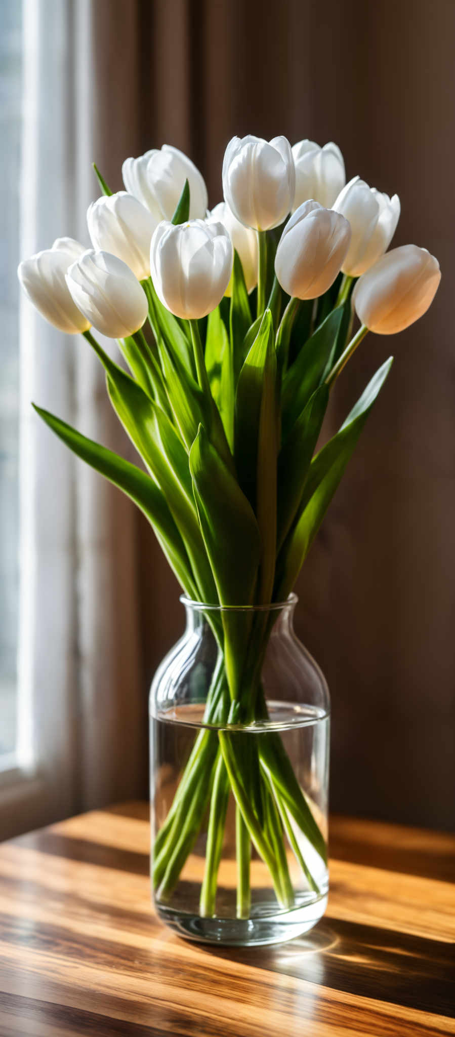 A bouquet of white tulips in a clear glass vase.