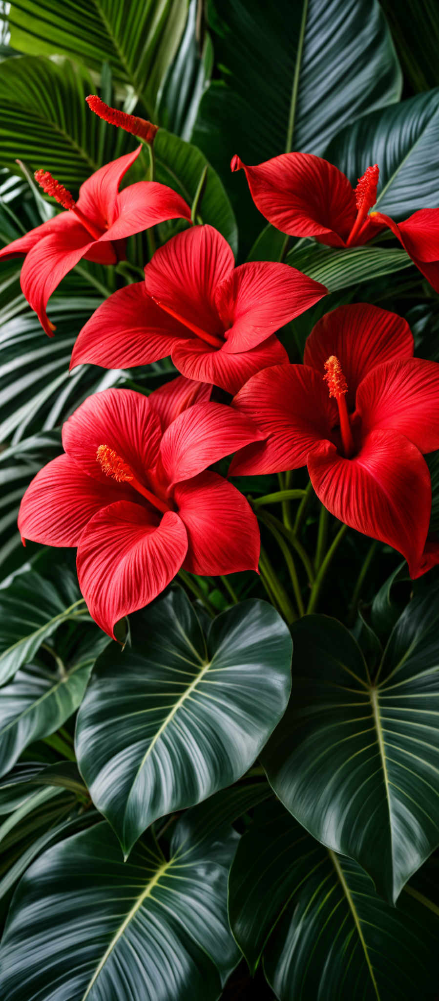 A vibrant red flower with a yellow center surrounded by green leaves.