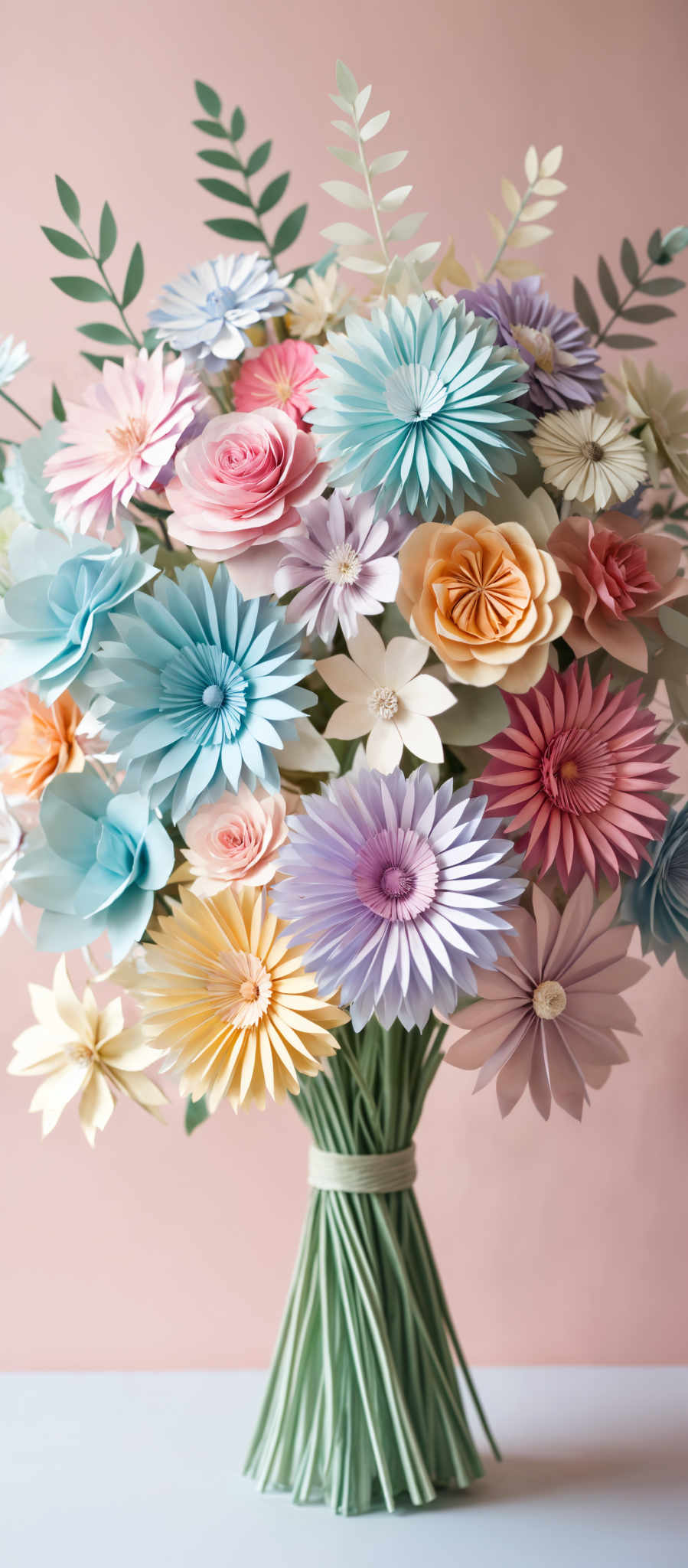 A beautiful bouquet of paper flowers in various colors including blue pink orange and purple.