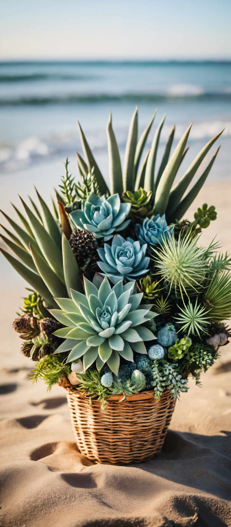 A vibrant arrangement of succulent plants in various shades of green and blue. The plants are arranged in a circular pattern creating a visually pleasing display. The arrangement is set against a sandy background adding a natural touch to the scene. The image captures the beauty and diversity of succulents showcasing their unique shapes and colors. The overall composition is balanced and harmonious reflecting the tranquility often associated with these plants.